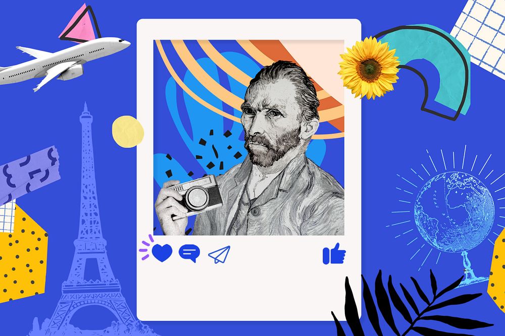 Travel blogger aesthetic, Van Gogh's self-portrait, famous painting, remixed by rawpixel