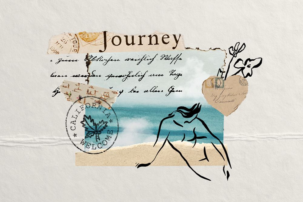 Beach travel background, Ephemera collage art