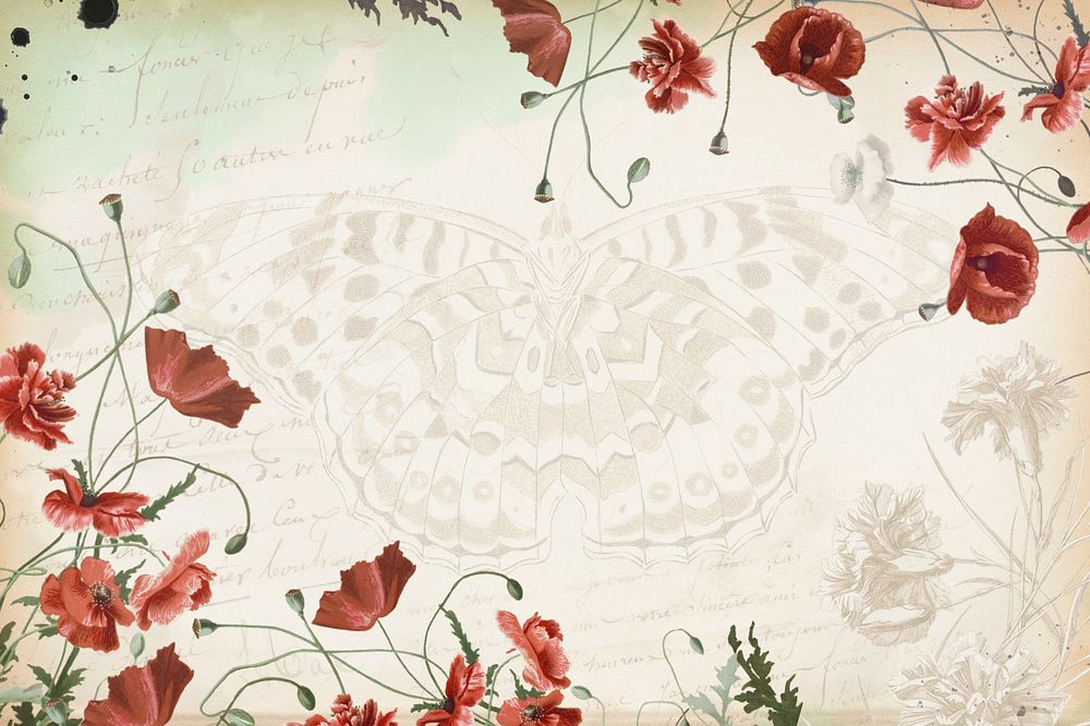 Vintage poppy flowers background, butterfly illustration