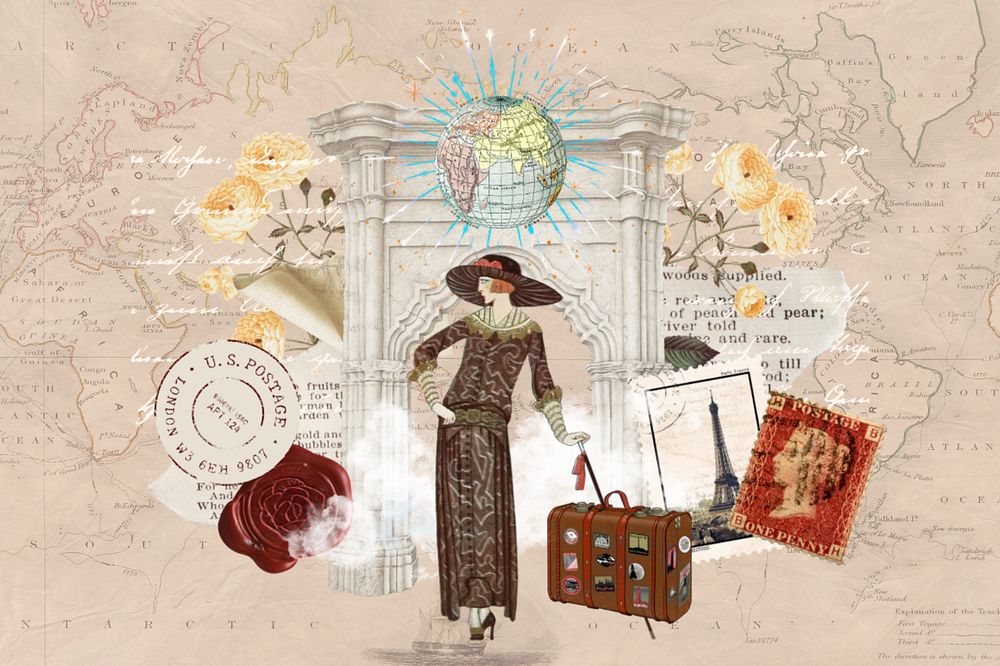 Solo travel background, vintage fashion Ephemera remix