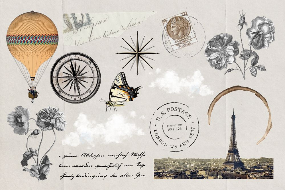 Travel Ephemera sticker, vintage illustration set