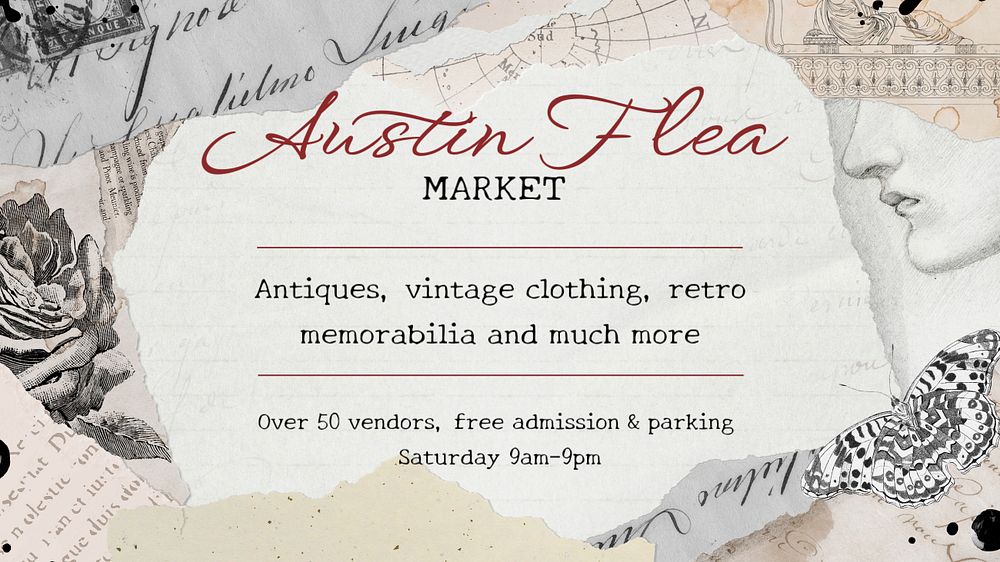 Flea market YouTube thumbnail template, vintage ephemera collage