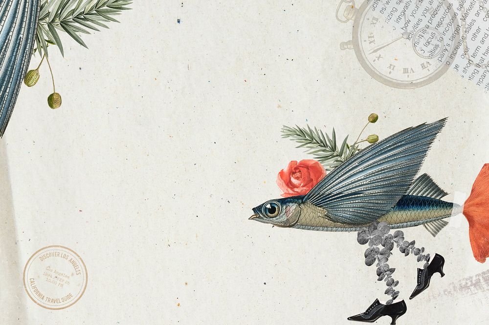 Fish illustration background, animal collage mixed media 