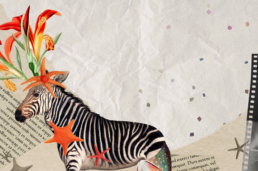 Zebra illustration background, animal collage mixed media