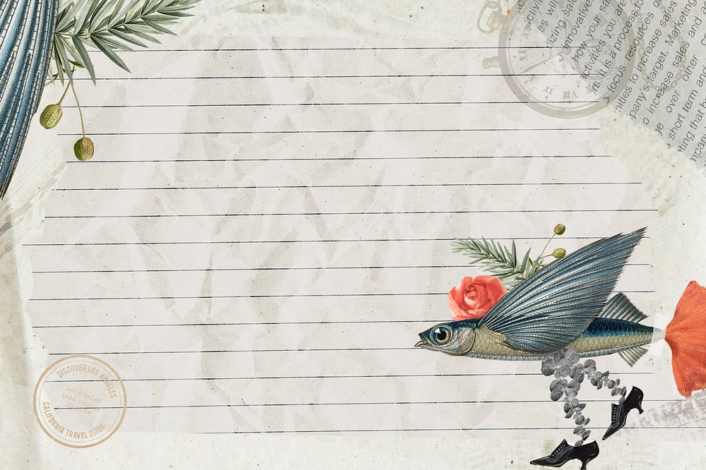 Retro fish digital note background, surreal hybrid animal collage art 