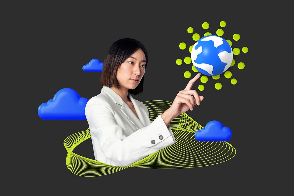 Cloud connectivity, editable global network 3D businesswoman remix