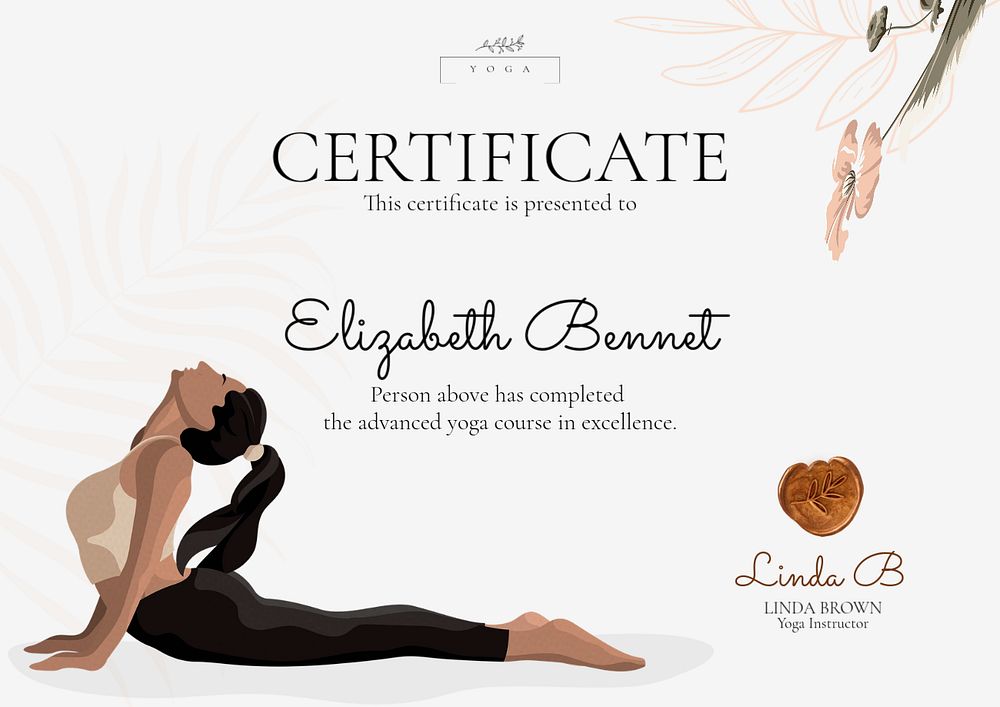 Yoga course certificate template, aesthetic illustration, editable text