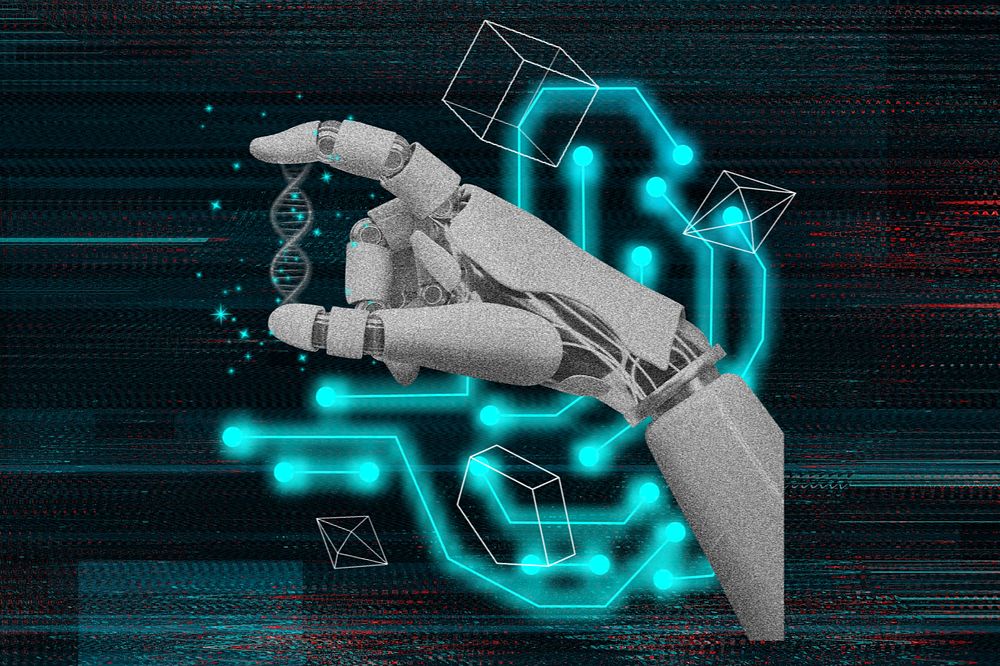 Biotechnology robotic hand background, abstract retro future remix