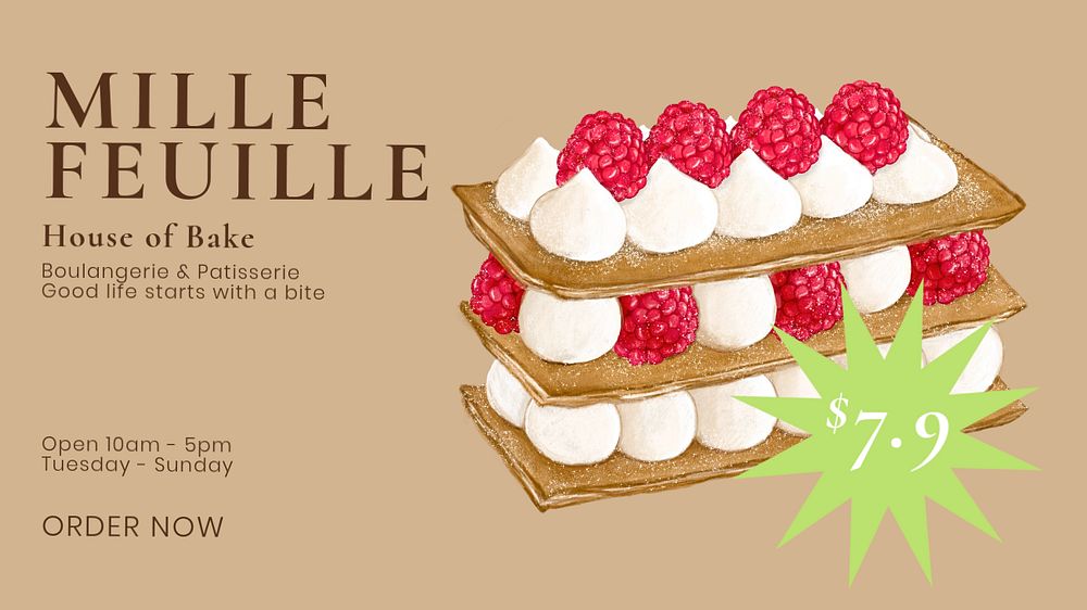 French pastry editable presentation template, mille feuille illustration