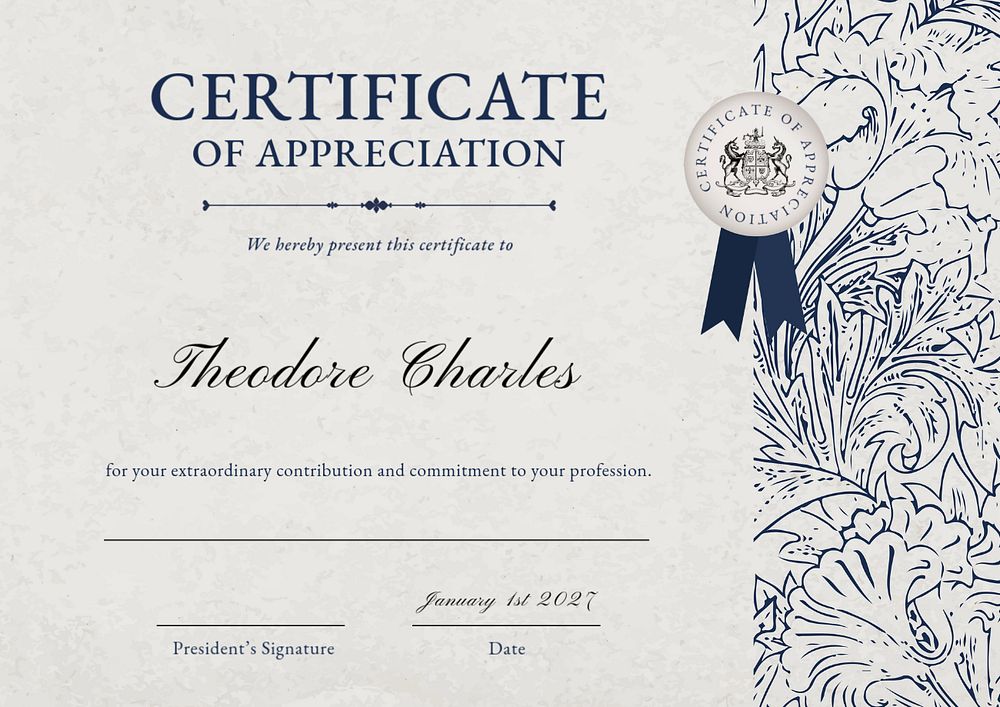 Appreciation certificate template, botanical design, editable text