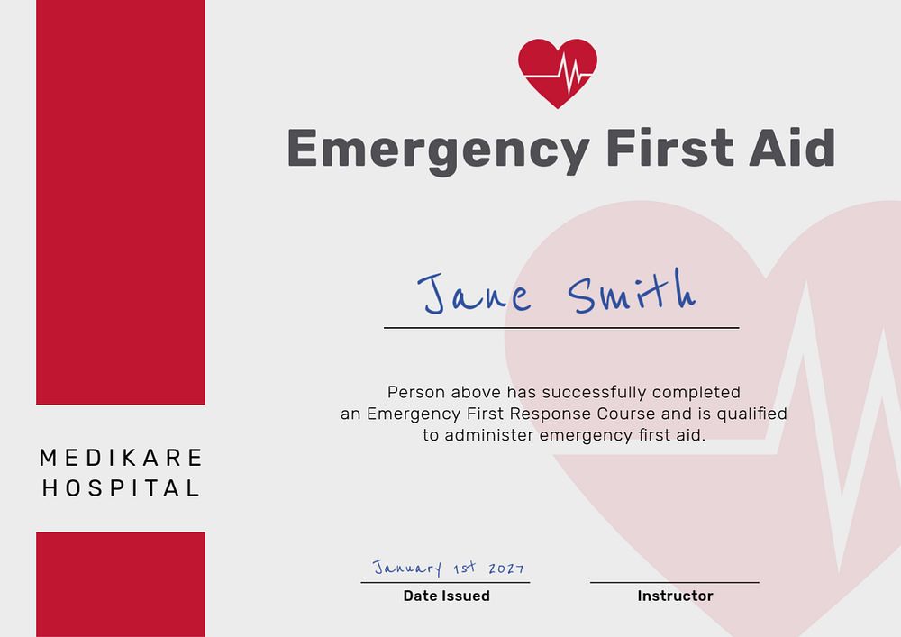 Emergency first aid certificate template, editable text