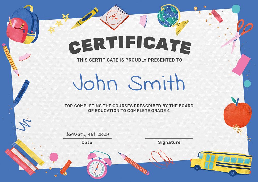 Elementary school course certificate template, cute doodle, editable text