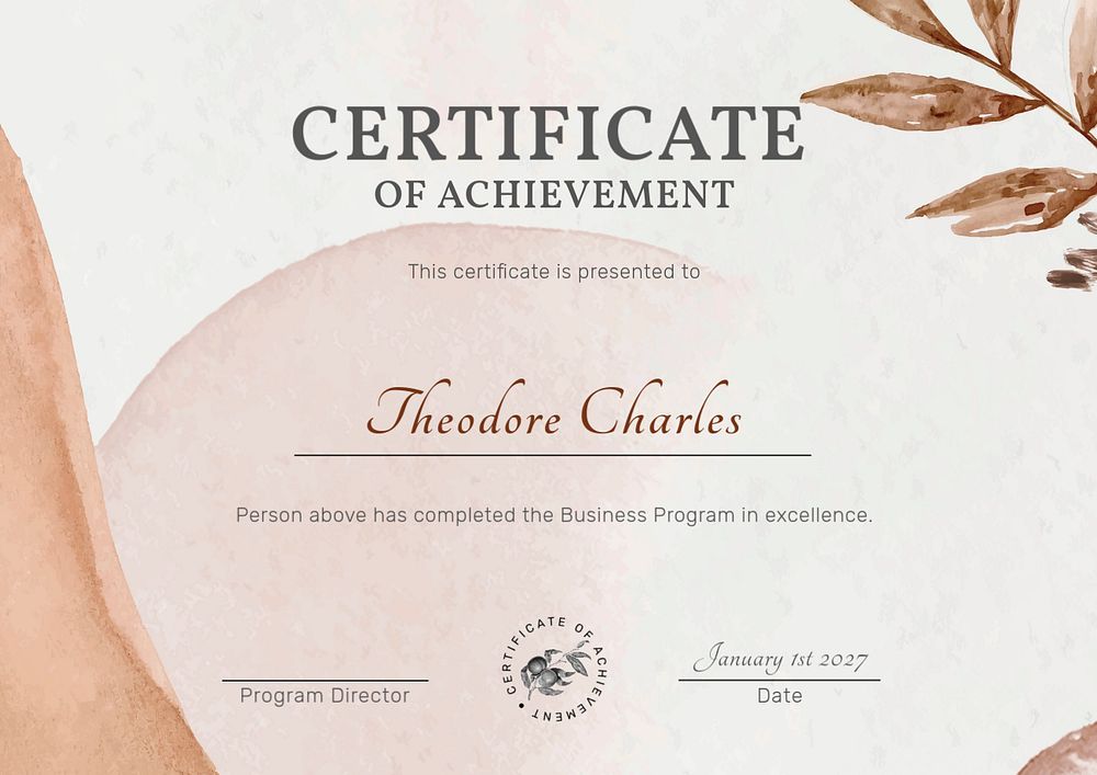 Achievement certificate template, watercolor aesthetic, editable text