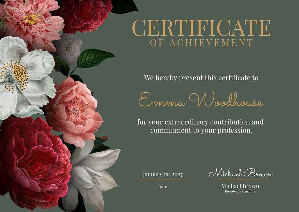 Achievement certificate template, flower design, editable text