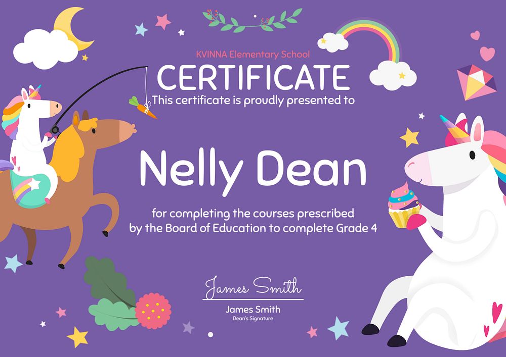 Elementary school course certificate template, unicorn doodle, editable text