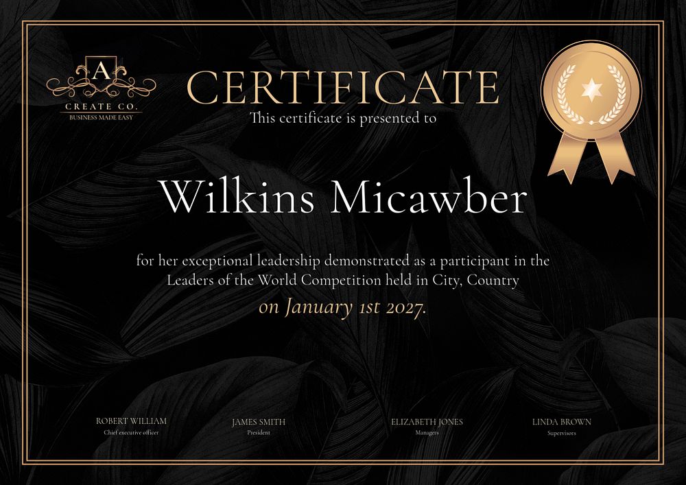 Dark elegant participation certificate template, editable text