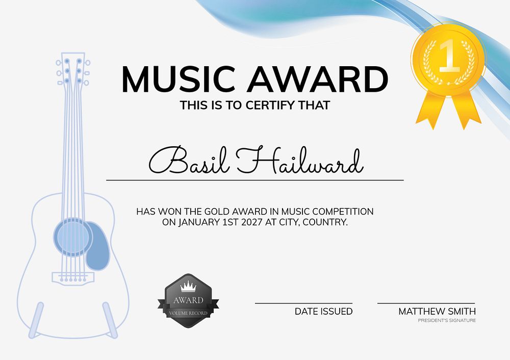 Music course certificate template, editable text