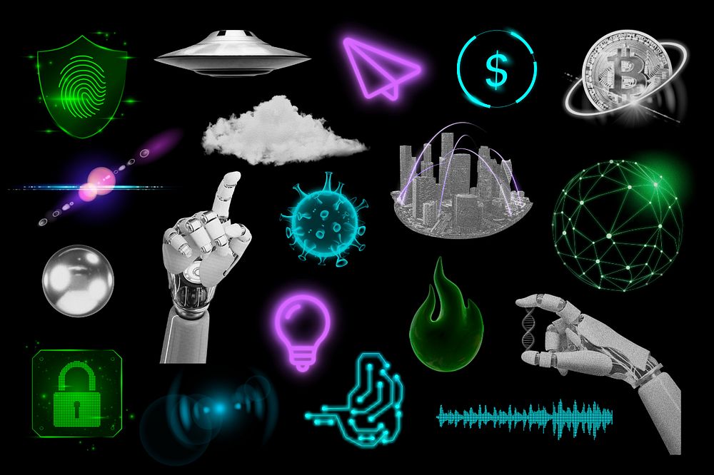 Technology icons collage element, retro future design 