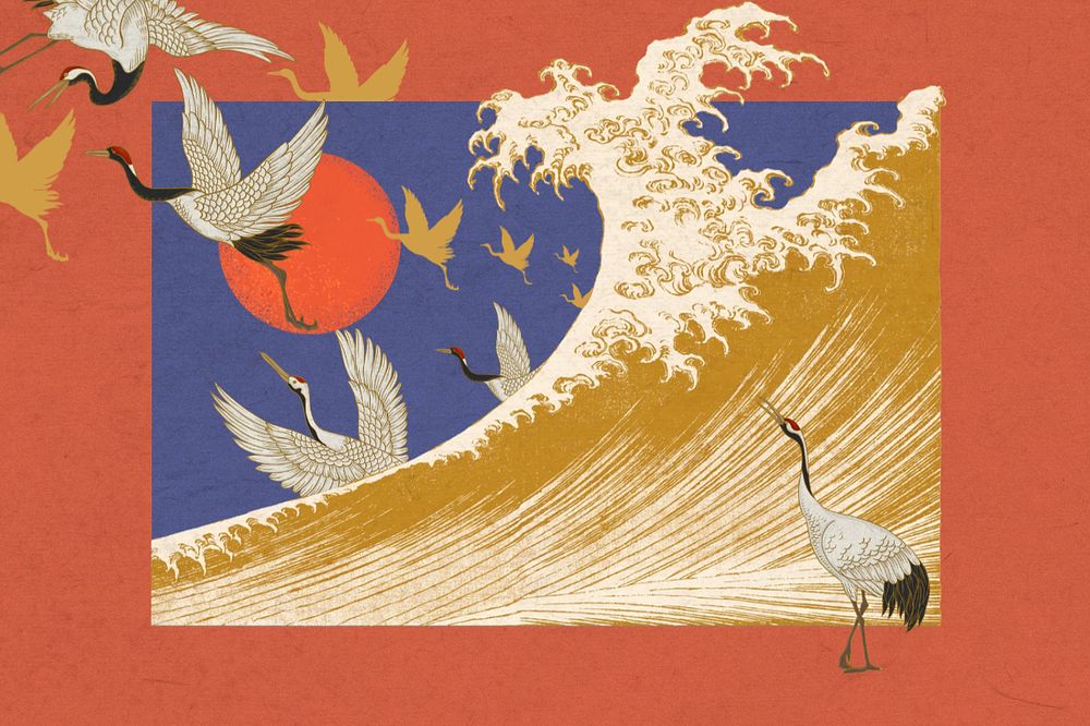 Hokusai's ocean wave background, crane birds illustration