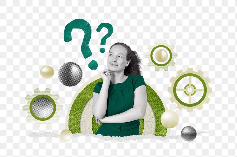 Woman thinking green  png, business collage on transparent background