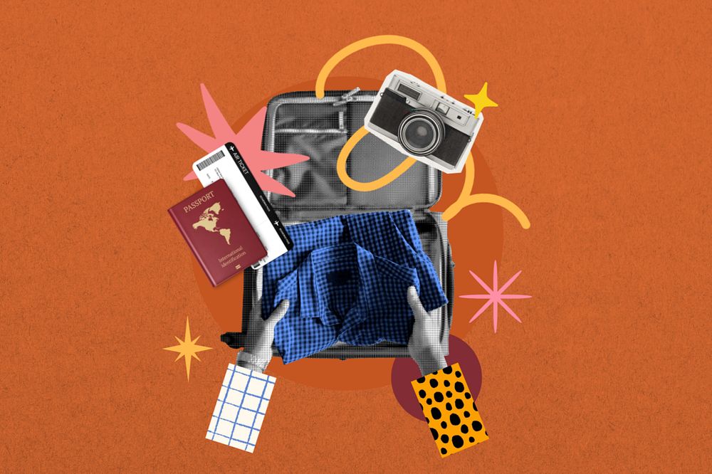 Editable suitcase packing background, lifestyle collage remix