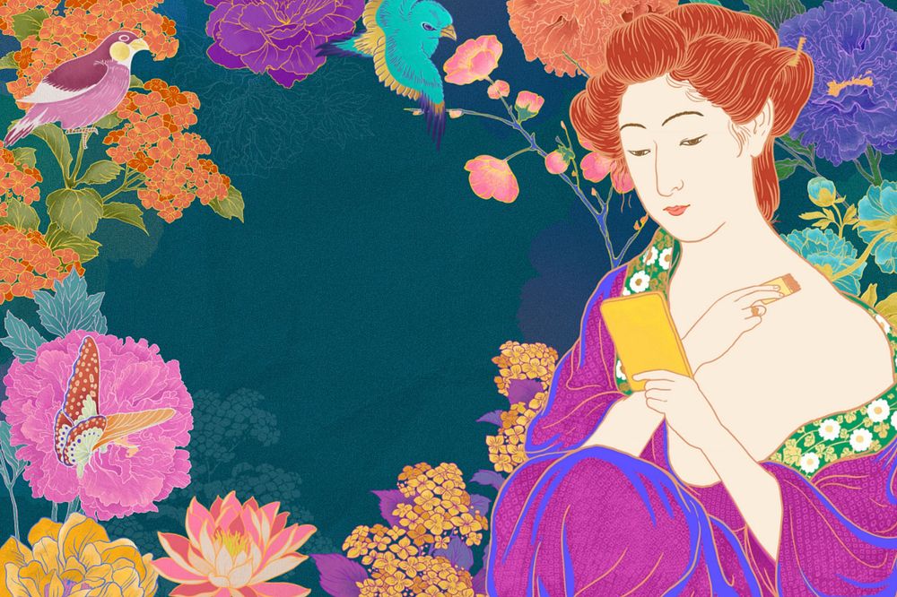 Editable aesthetic vintage Japanese woman, ukiyo-e remix