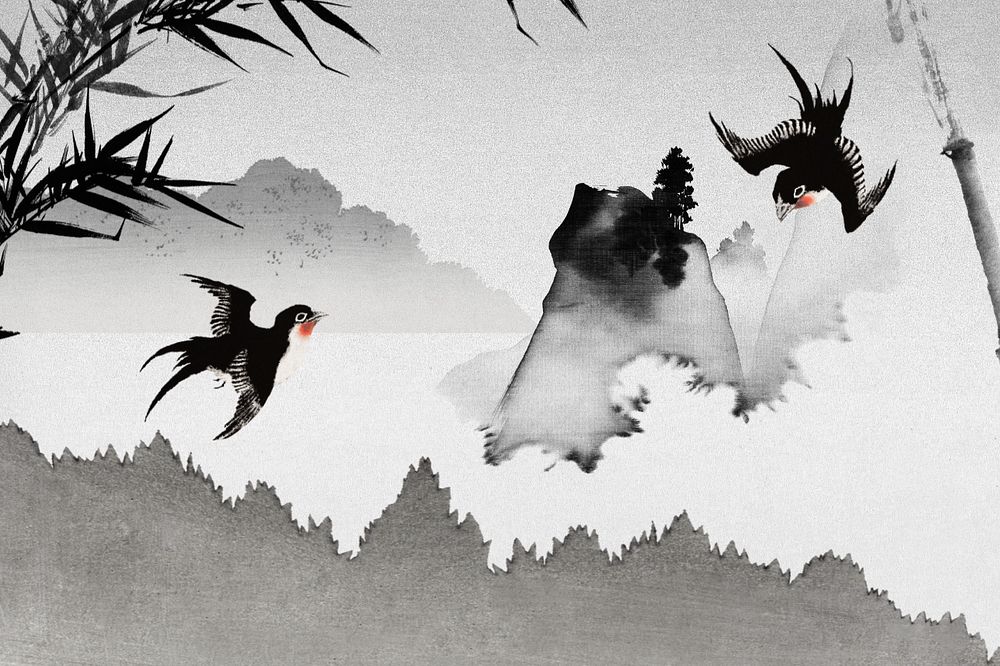 Japanese birds background, black forest illustration, editable design