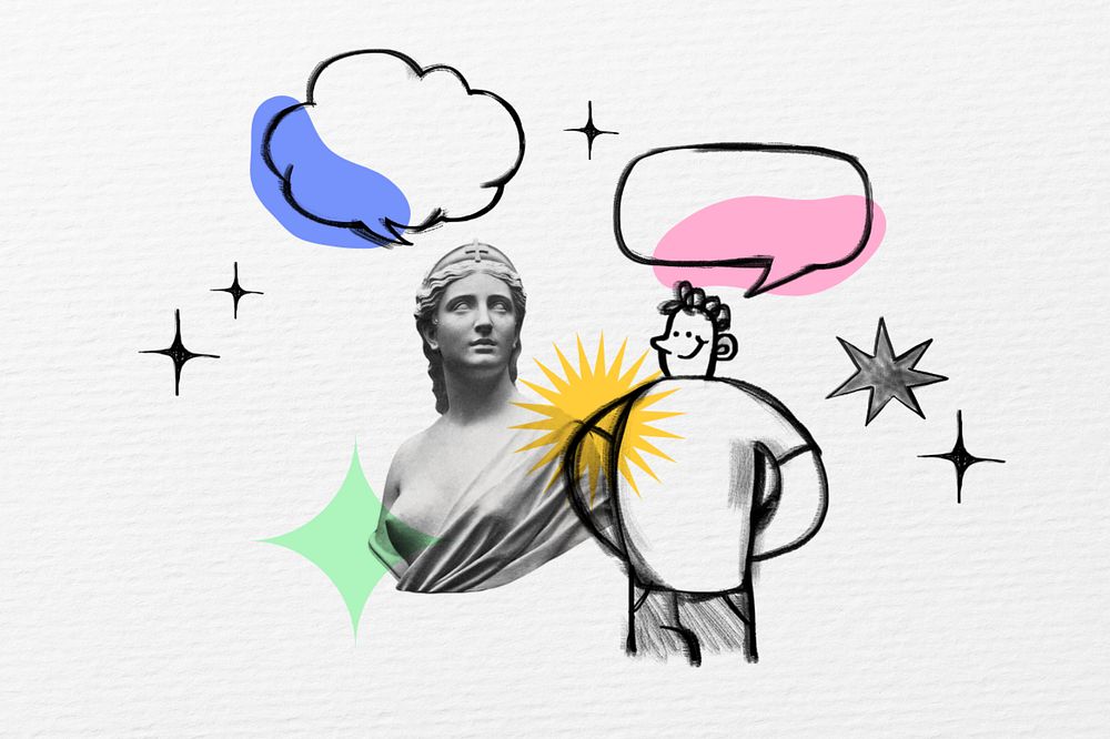 Man chatting with Greek statue, communication doodle, editable design