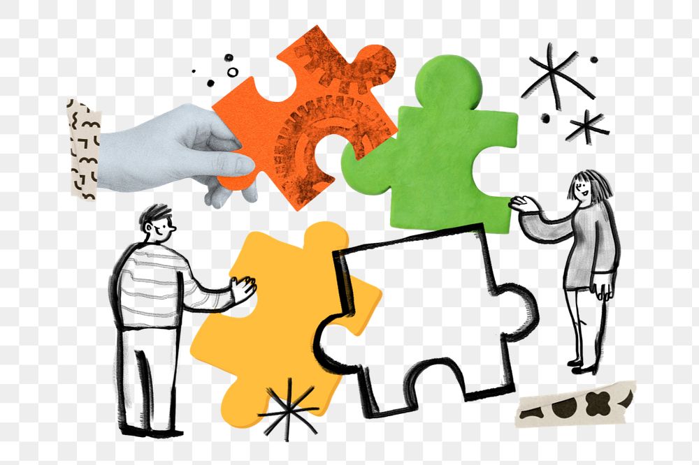 People solving puzzle, teamwork doodle, editable elements