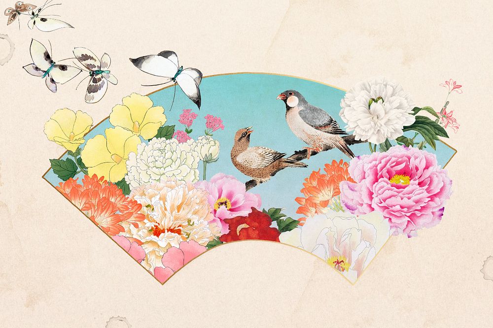 Hokusai's birds fan, Japanese flower illustration, editable design