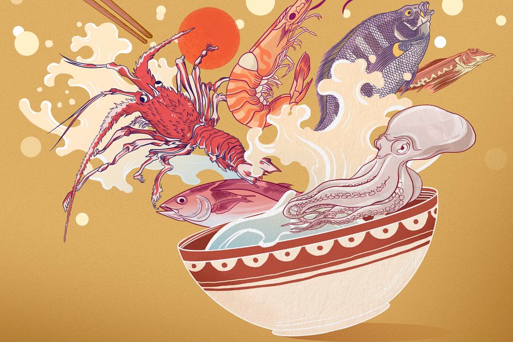 Seafood bowl splash background, Japanese food illustration, editable design