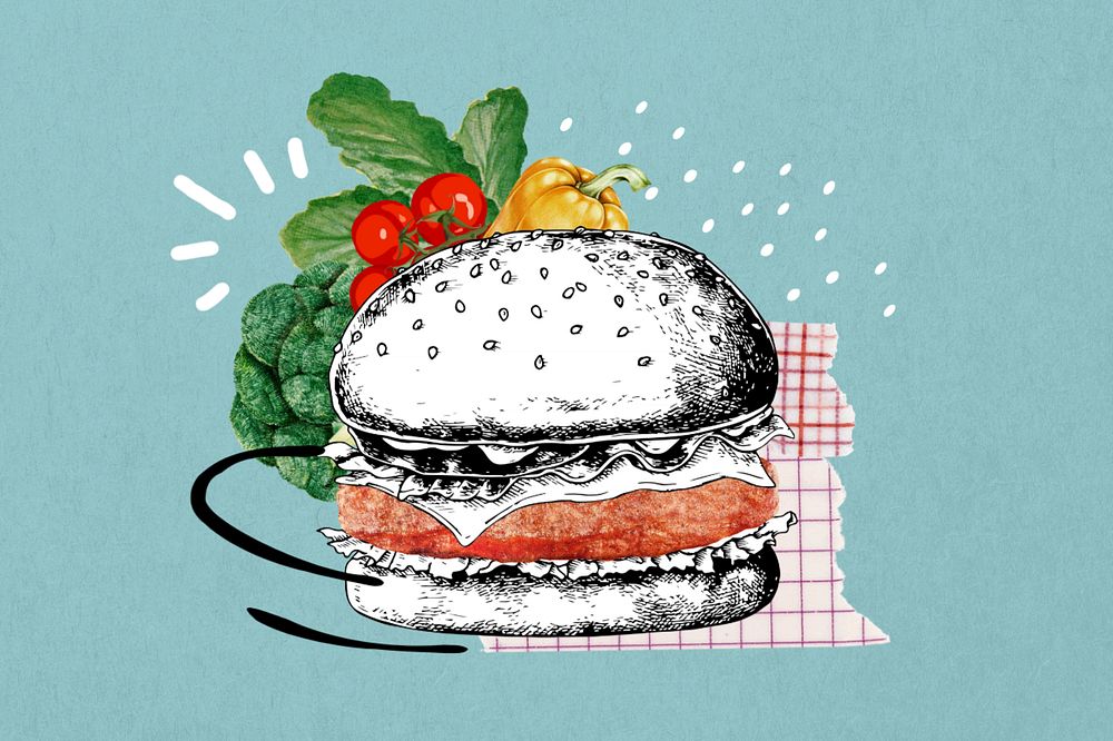 Editable plant-based burger background, lifestyle collage remix