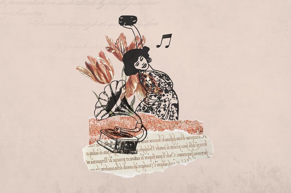 Music and woman ephemera remix illustration, editable design