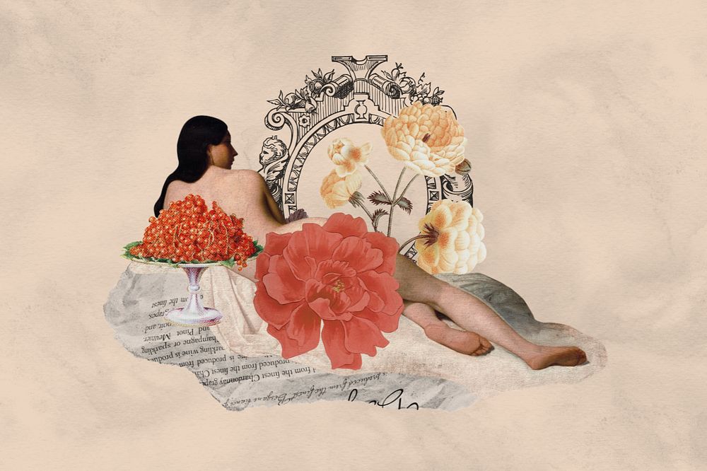 Vintage floral woman ephemera remix illustration, editable design