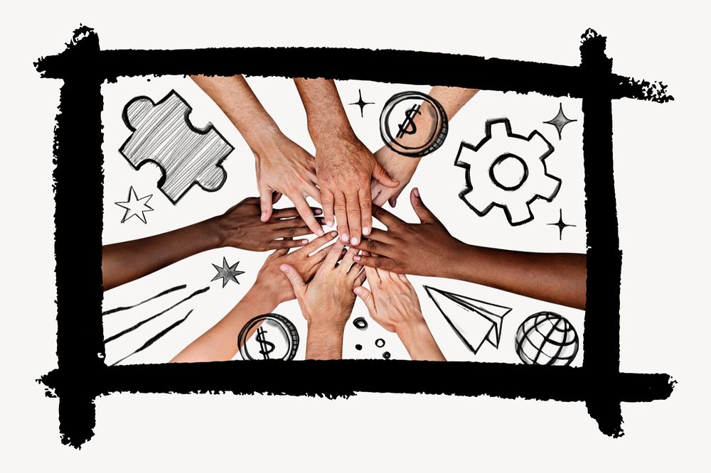 Diverse hands united, teamwork doodle mixed media, editable design