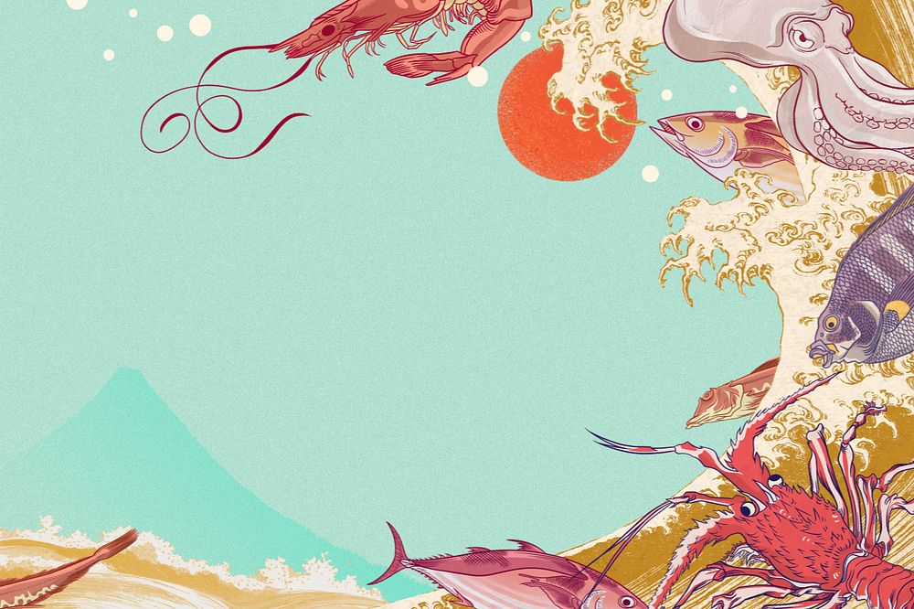 Vintage seafood background, aesthetic food border illustration, editable design