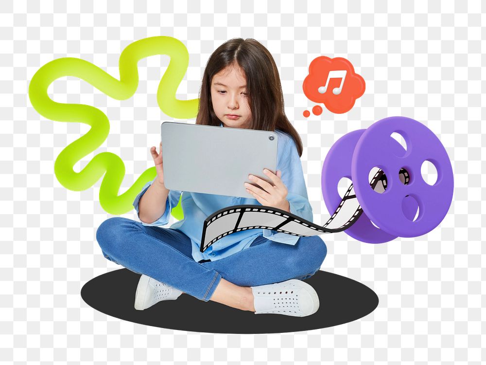 Girl using tablet sticker, editable remixed entertainment element design