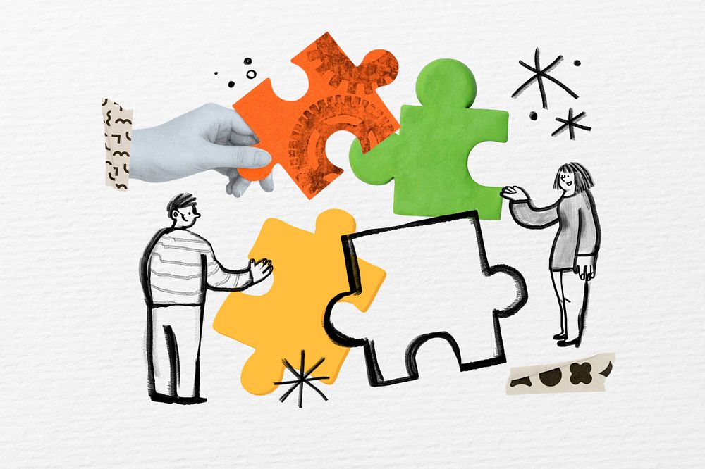 People solving puzzle, teamwork doodle, editable design