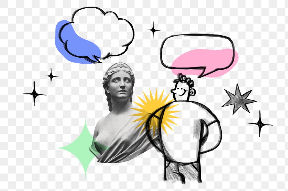 Man chatting with Greek statue, communication doodle, editable elements