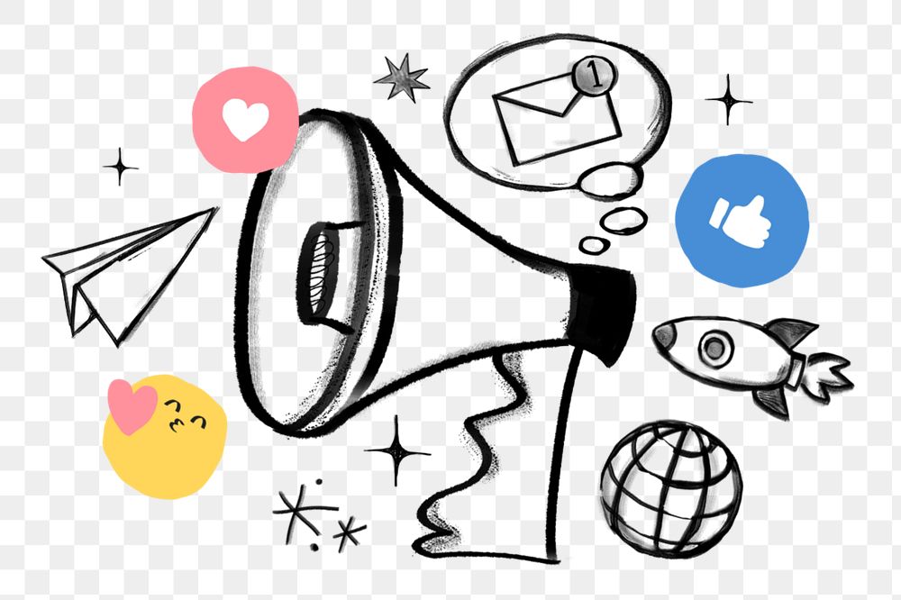 Digital marketing doodle, megaphone and rocket, editable elements