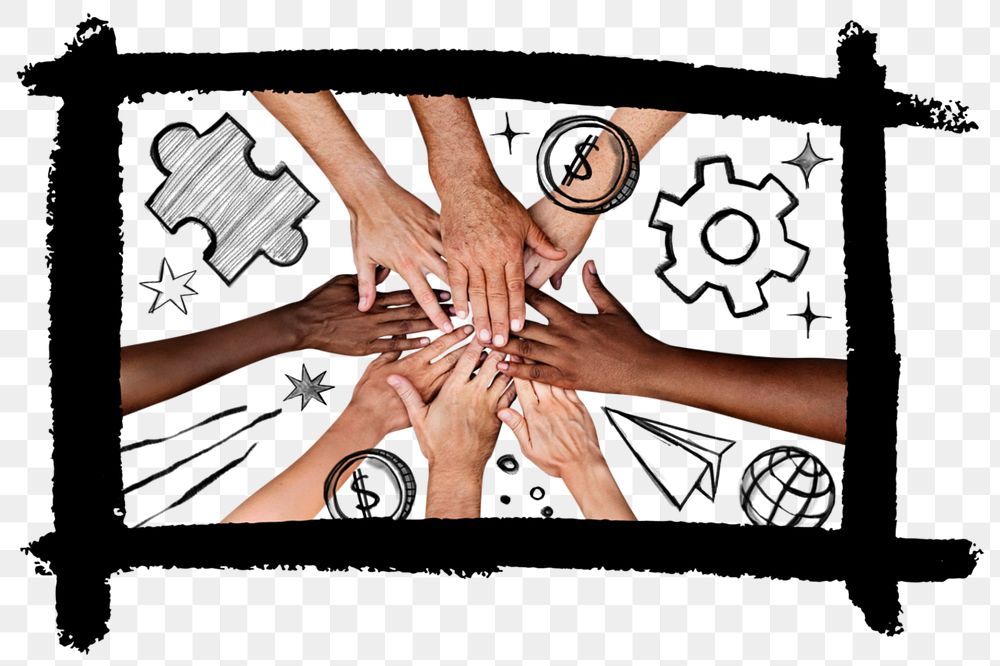 Diverse hands united, teamwork doodle mixed media, editable elements