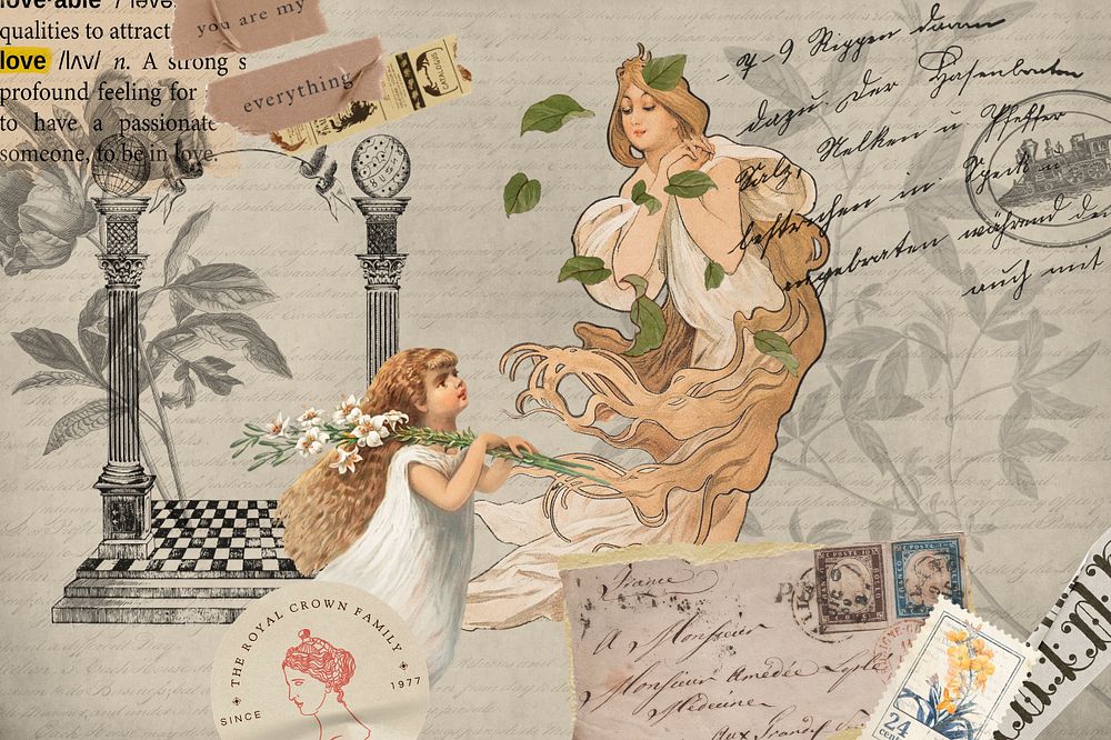 Vintage mother & child ephemera remix background