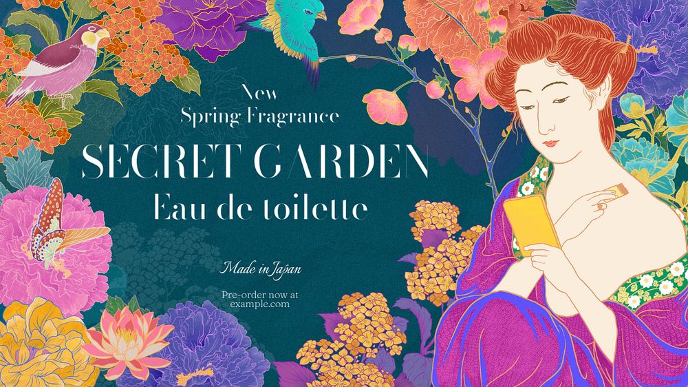 Women's fragrance blog banner template, editable Ukiyo-e art remix design