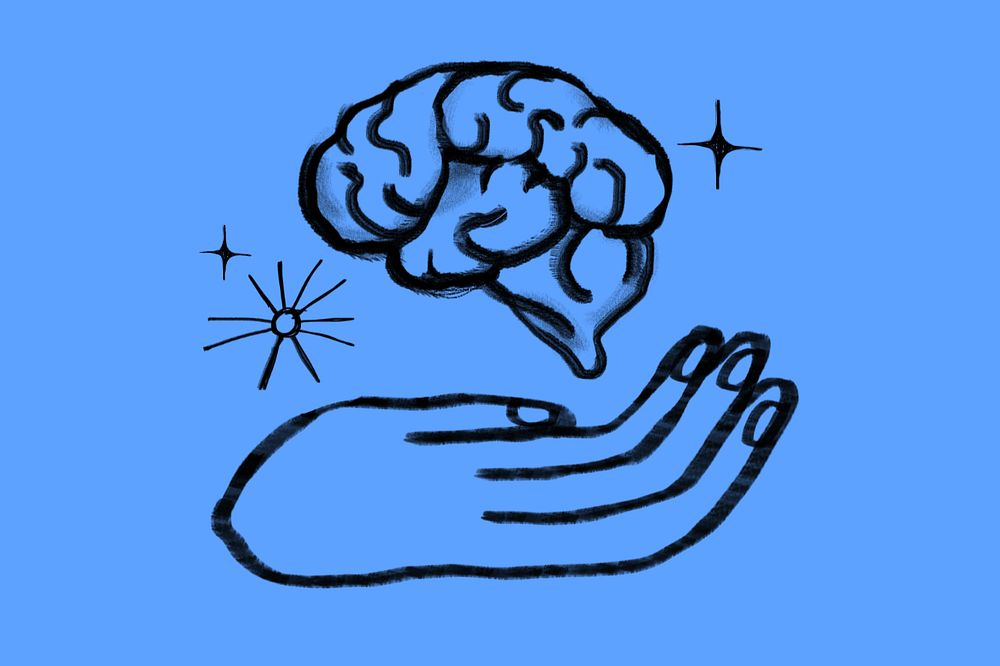 Hand presenting brain, knowledge doodle, editable design