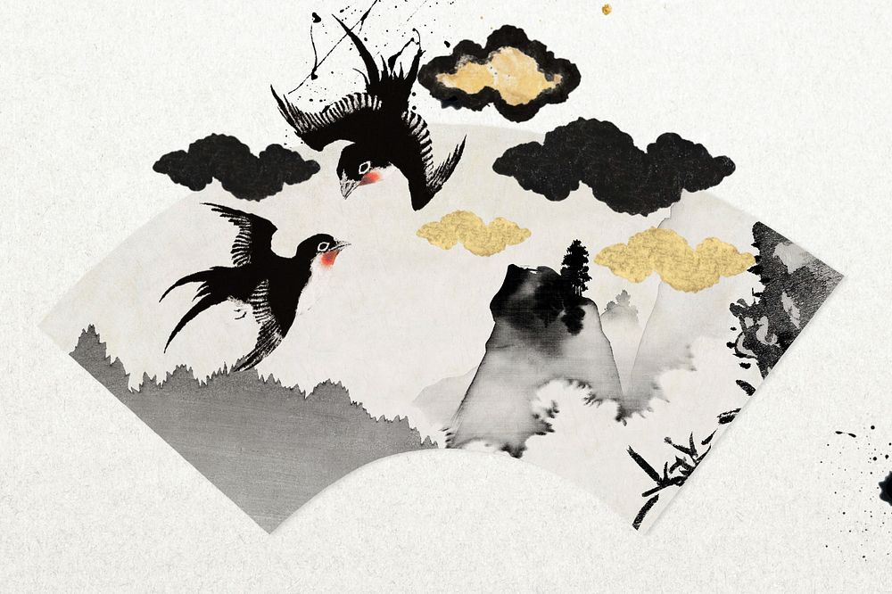 Flying birds fan background, Japanese ink illustration, editable design