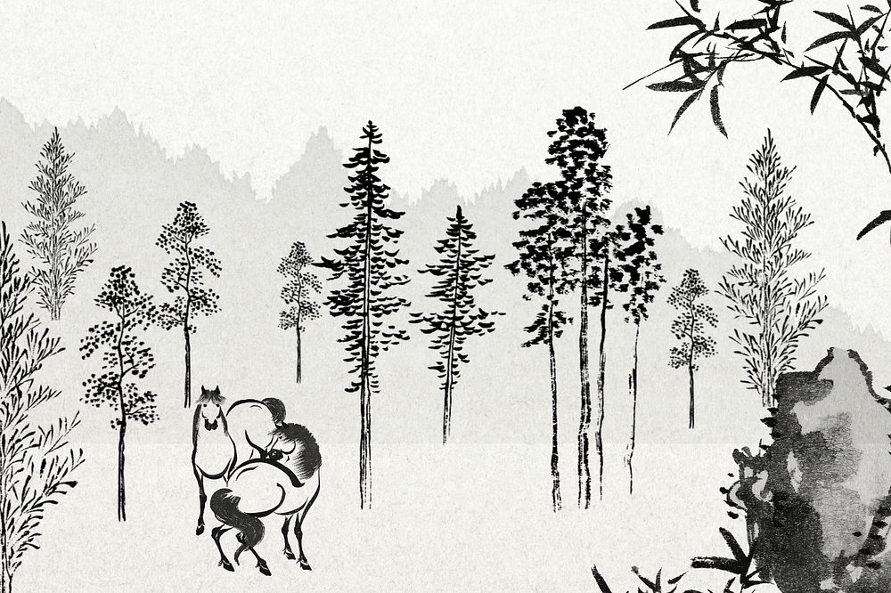 Japanese horses background, black ink forest illustration, editable design