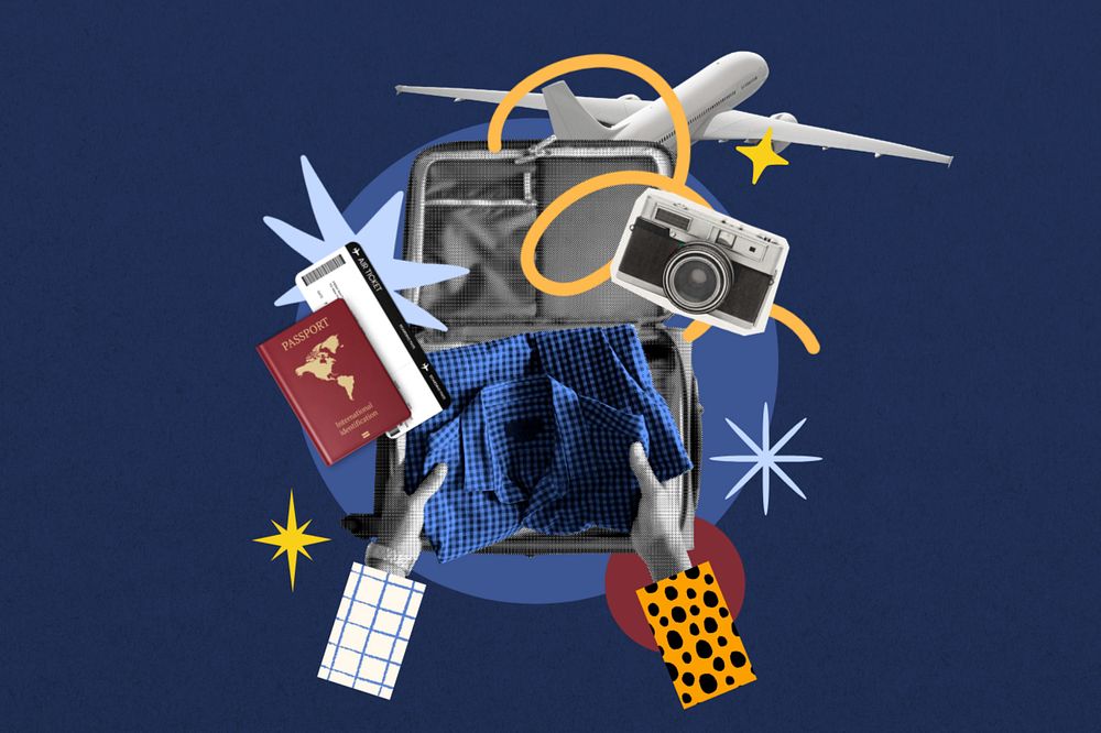 Editable traveling abroad packing, lifestyle collage remix background