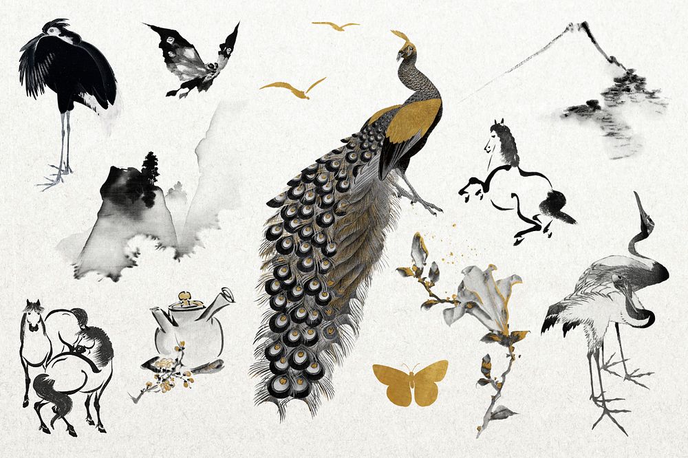 Japanese ink animals, nature collage element  editable set