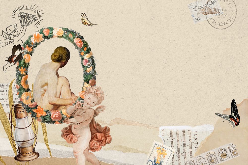 Vintage woman ephemera background, mixed media illustration