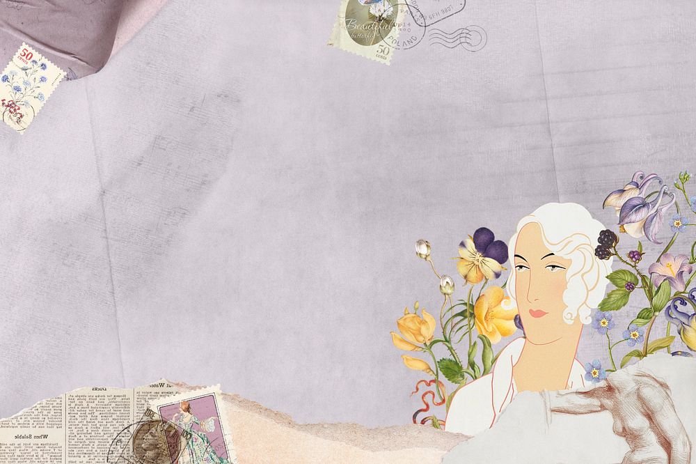 Purple ephemera background, vintage lady mixed media illustration